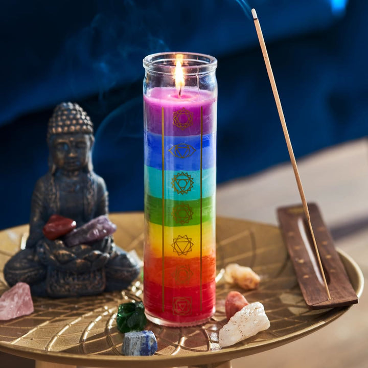 Vela devocional de los 7 chakras de Olivenorma con frasco transparente