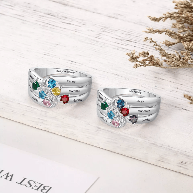Anillo de plata de ley 925 con nombre personalizado y piedra natal de Olivenorma
