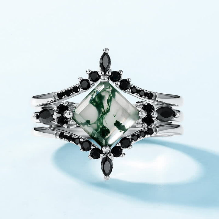 Anillo de obsidiana y ágata musgosa en forma de corona de 3 piezas de Olivenorma