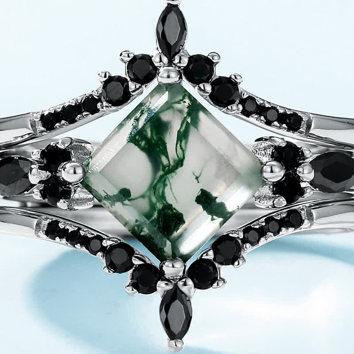 Anillo de obsidiana y ágata musgosa en forma de corona de 3 piezas de Olivenorma