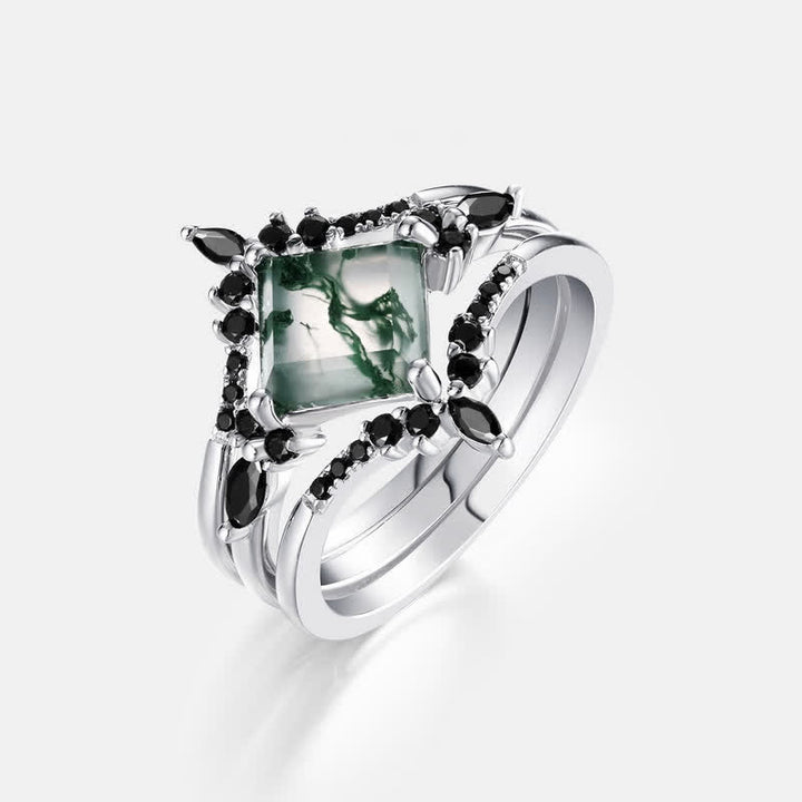 Anillo de obsidiana y ágata musgosa en forma de corona de 3 piezas de Olivenorma