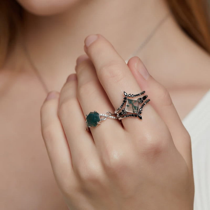 Anillo de obsidiana y ágata musgosa en forma de corona de 3 piezas de Olivenorma