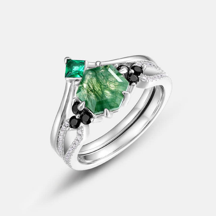 Juego de 2 anillos de ágata musgosa con forma de corona de Olivenorma