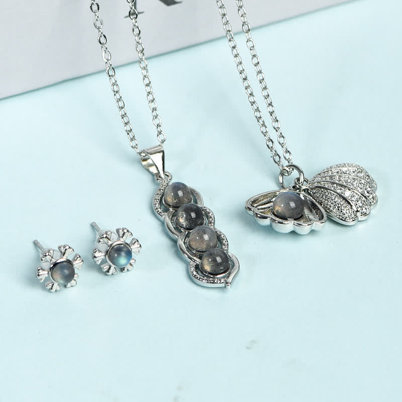 Collar con colgante de concha de labradorita y guisante de Olivenorma , conjunto de joyas con copos de nieve