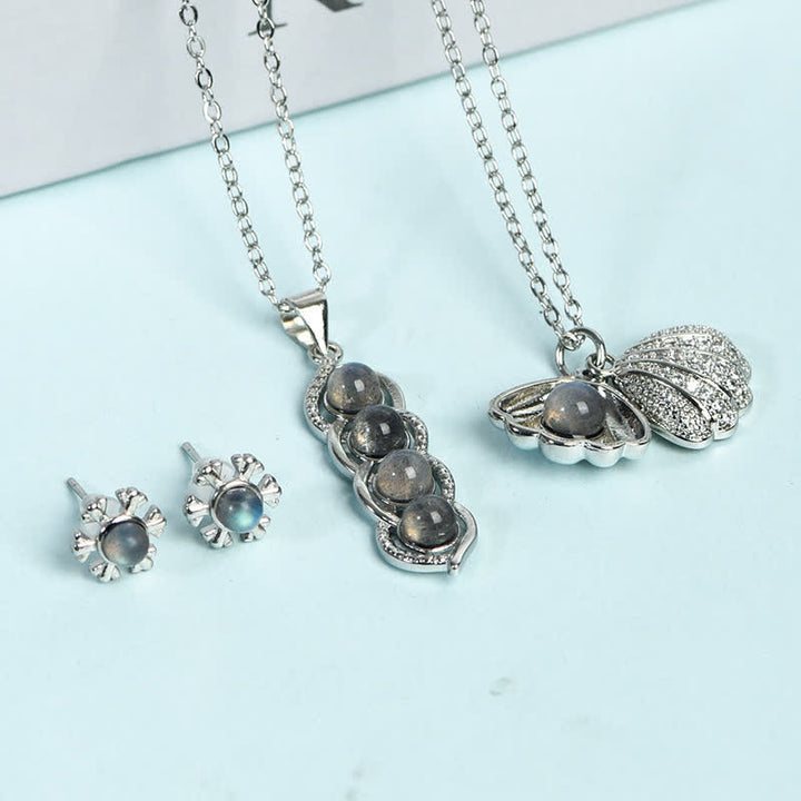 Collar con colgante de concha de labradorita y guisante de Olivenorma , conjunto de joyas con copos de nieve