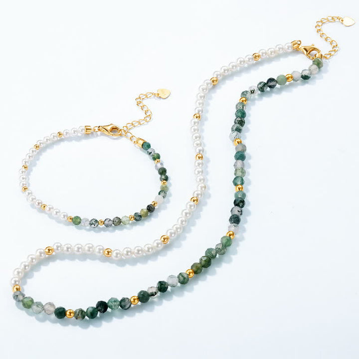 Conjunto de joyería con collar y pulsera de perlas de agua dulce de ágata musgosa de Olivenorma