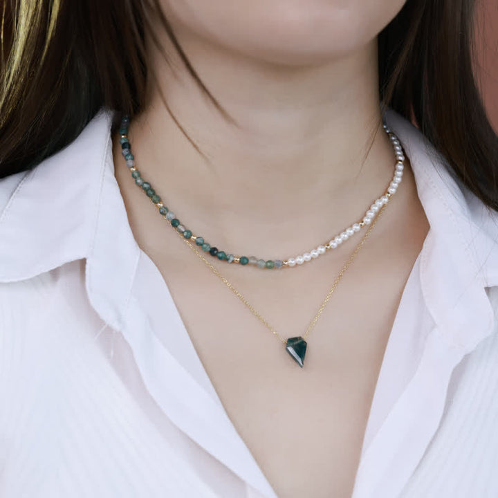 Conjunto de joyería con collar y pulsera de perlas de agua dulce de ágata musgosa de Olivenorma