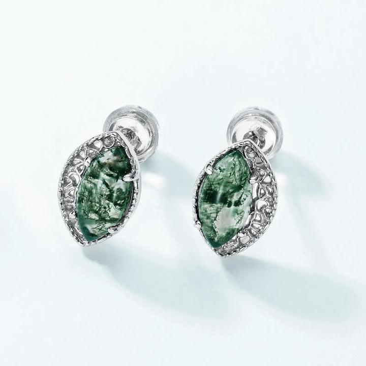 Conjunto de joyas con pendientes, collar y anillo de ágata musgosa plateada de Olivenorma