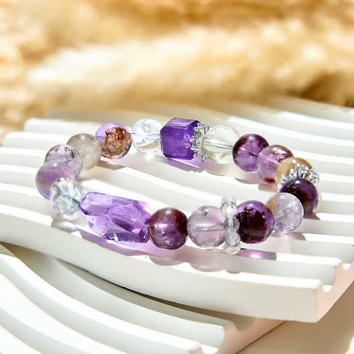 Pulsera de cadena de metal con cuentas de cristal transparente de amatista de Olivenorma 