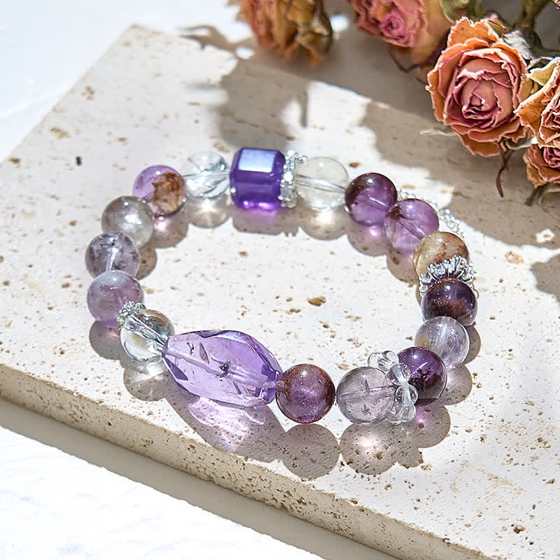 Pulsera de cadena de metal con cuentas de cristal transparente de amatista de Olivenorma 