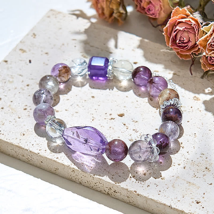 Pulsera de cadena de metal con cuentas de cristal transparente de amatista de Olivenorma 
