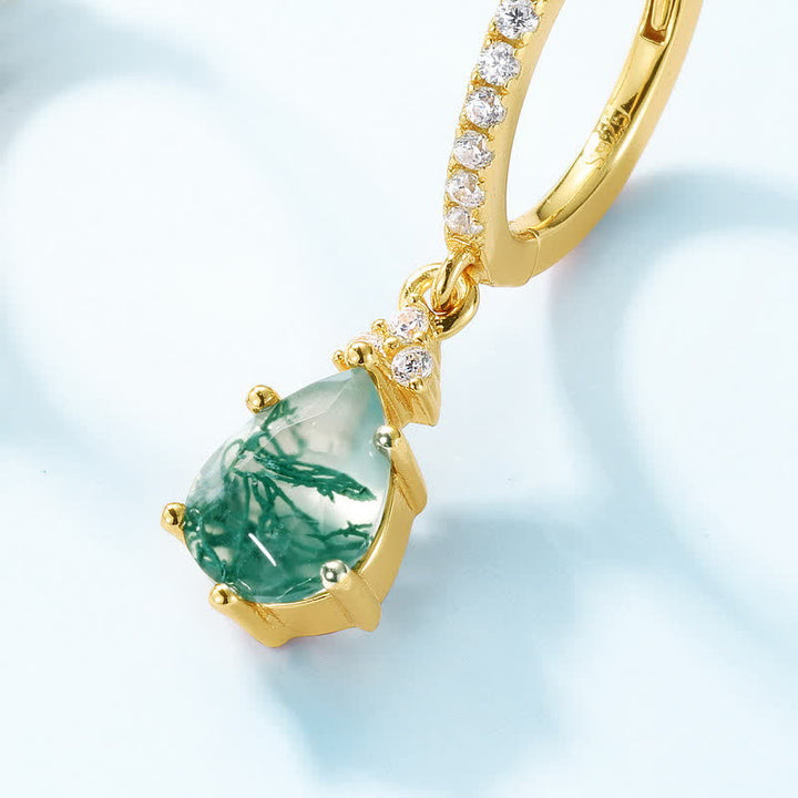 Conjunto de joyas de gota de agua de ágata musgosa en plata de ley dorada de Olivenorma