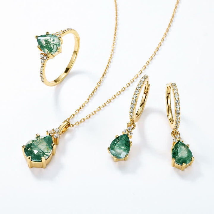 Conjunto de joyas de gota de agua de ágata musgosa en plata de ley dorada de Olivenorma