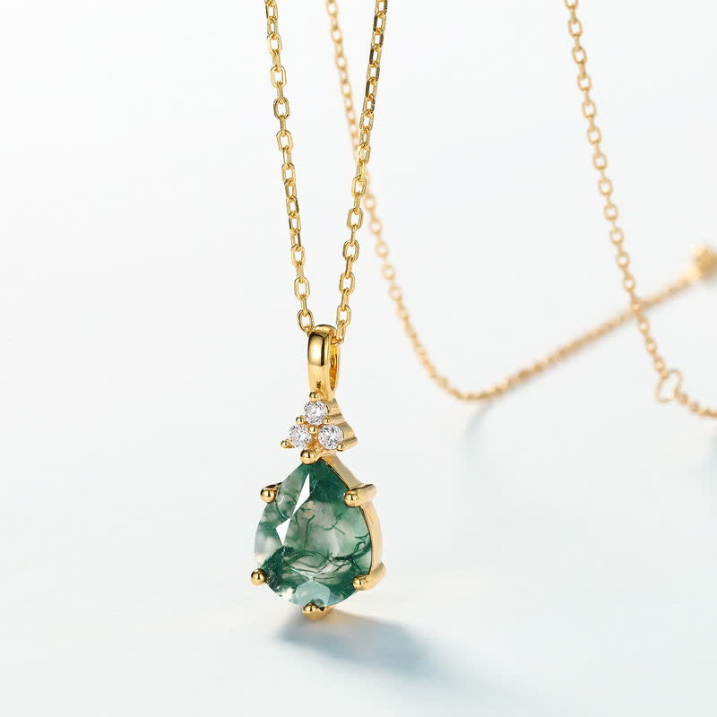 Conjunto de joyas de gota de agua de ágata musgosa en plata de ley dorada de Olivenorma