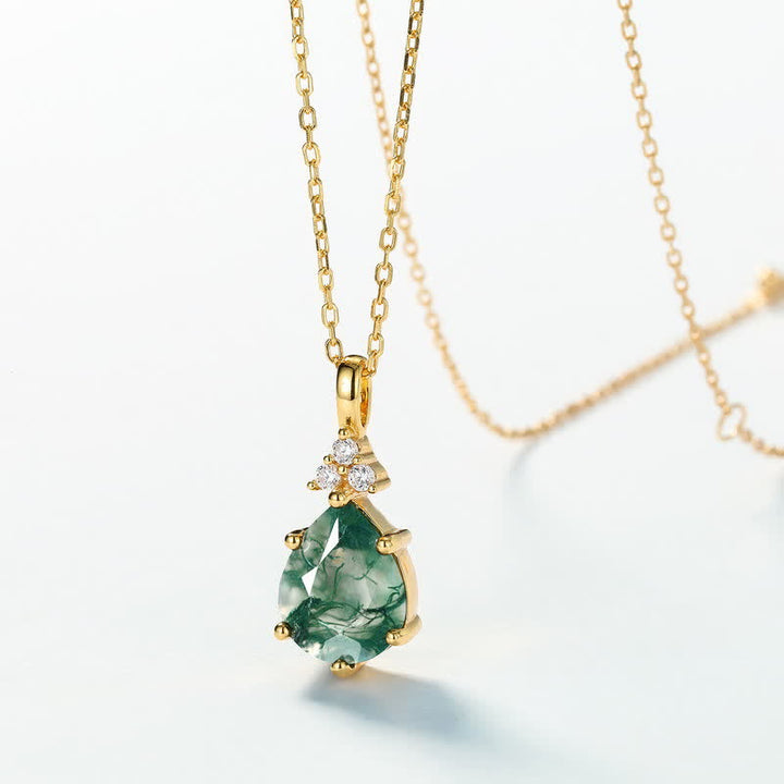 Conjunto de joyas de gota de agua de ágata musgosa en plata de ley dorada de Olivenorma