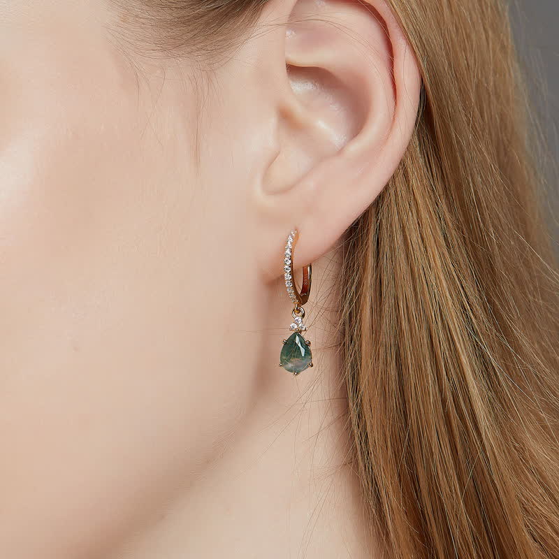 Conjunto de joyas de gota de agua de ágata musgosa en plata de ley dorada de Olivenorma