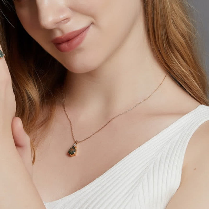 Conjunto de joyas de gota de agua de ágata musgosa en plata de ley dorada de Olivenorma