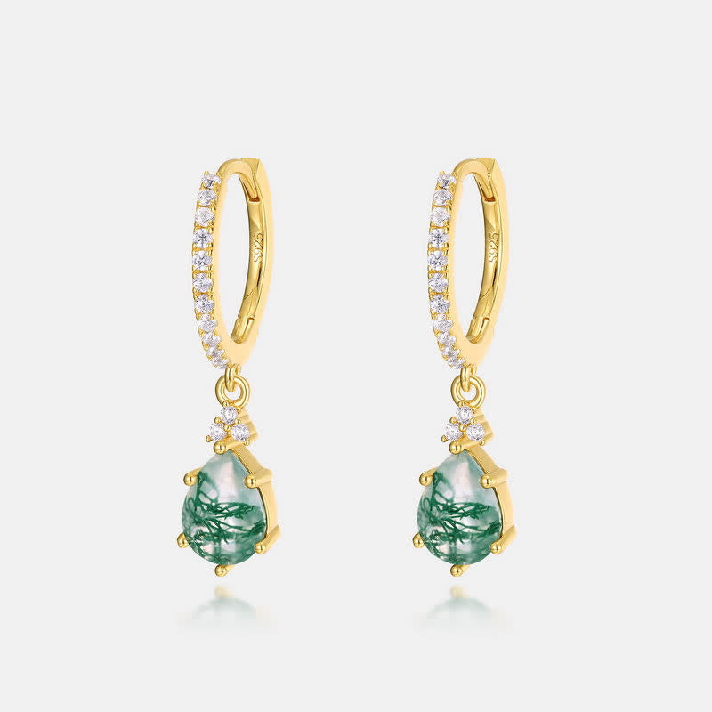 Conjunto de joyas de gota de agua de ágata musgosa en plata de ley dorada de Olivenorma