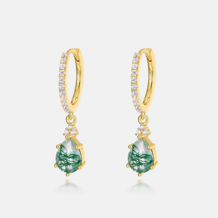 Conjunto de joyas de gota de agua de ágata musgosa en plata de ley dorada de Olivenorma