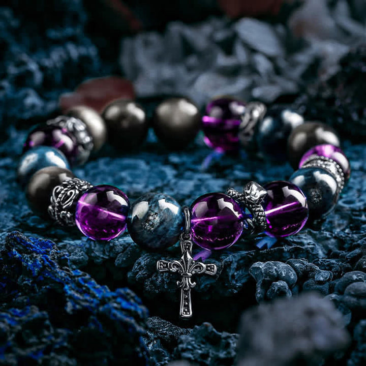 Pulsera de cuentas de amatista, obsidiana y apatita azul para hombre de Olivenorma