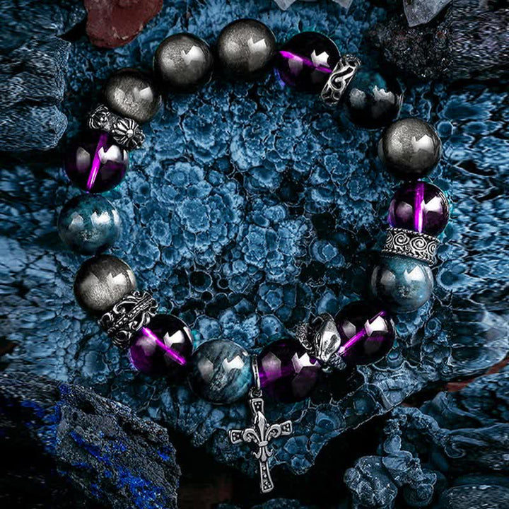 Pulsera de cuentas de amatista, obsidiana y apatita azul para hombre de Olivenorma