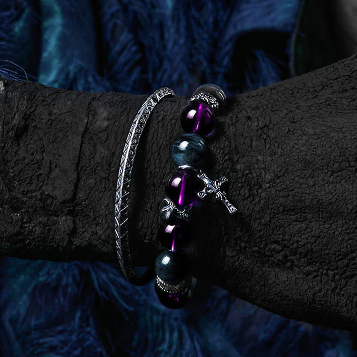 Pulsera de cuentas de amatista, obsidiana y apatita azul para hombre de Olivenorma