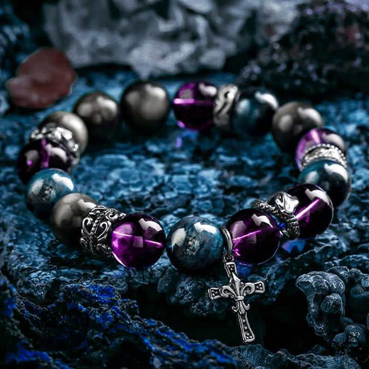 Pulsera de cuentas de amatista, obsidiana y apatita azul para hombre de Olivenorma
