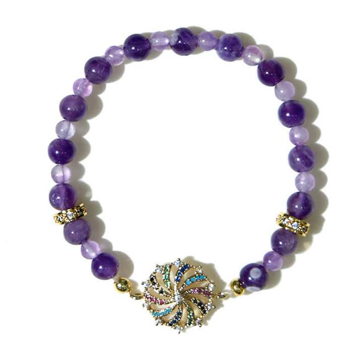 Pulsera con colgante de molino de viento de metal con circonitas de colores y cuentas de amatista de Olivenorma 