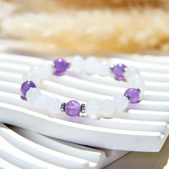 Pulsera de cuentas de cristal transparente de amatista natural de Olivenorma 