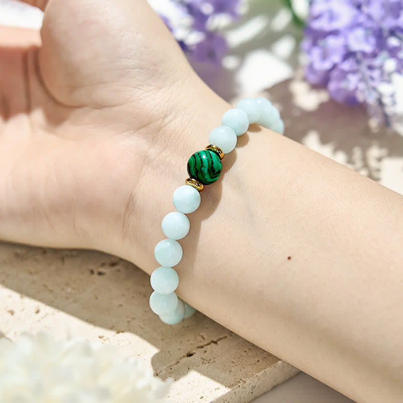 Pulsera de cuentas de malaquita y amazonita natural de Olivenorma 