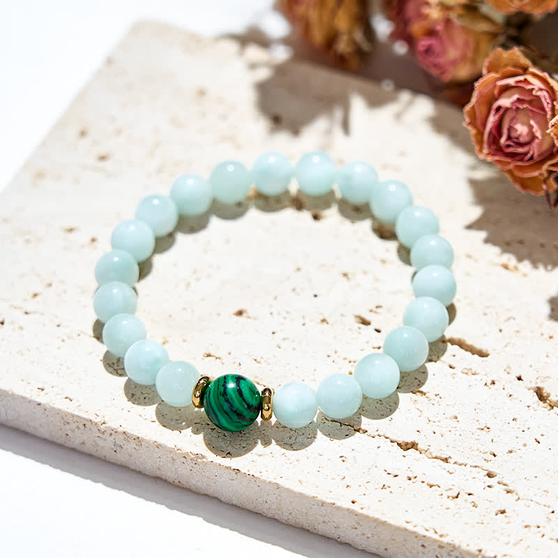 Pulsera de cuentas de malaquita y amazonita natural de Olivenorma 