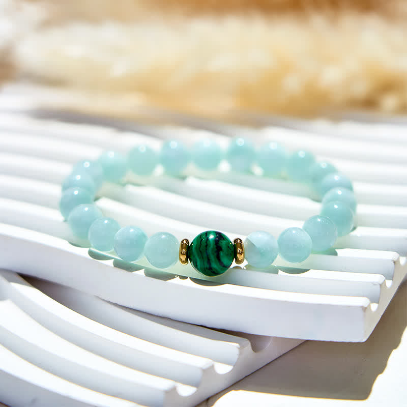 Pulsera de cuentas de malaquita y amazonita natural de Olivenorma 