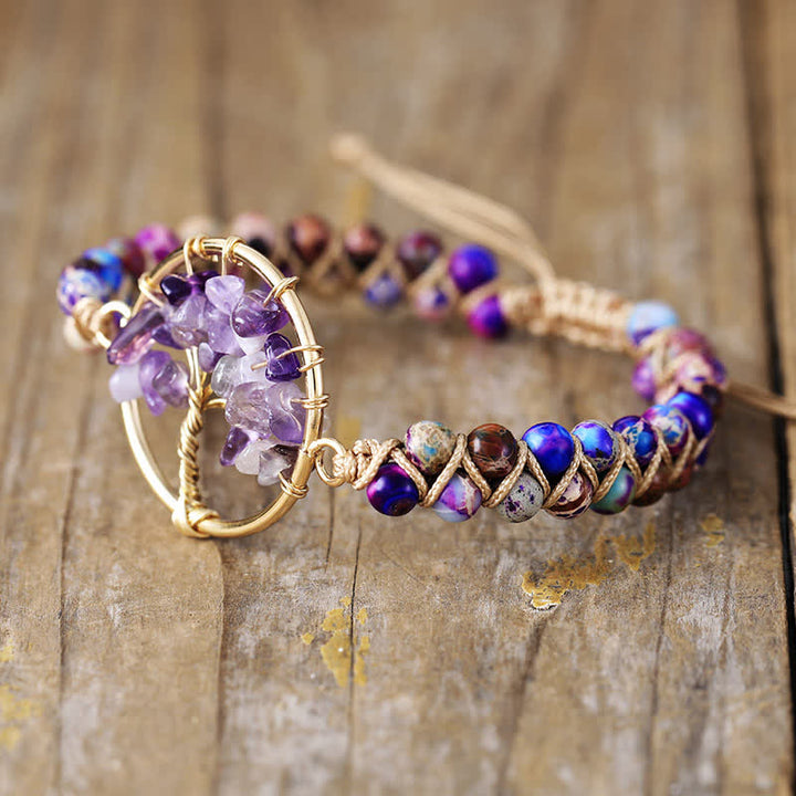 Pulsera de árbol de la vida con aventurina verde y amatista de Olivenorma 