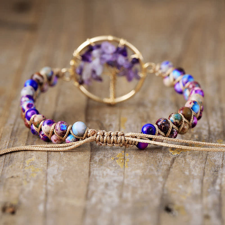 Pulsera de árbol de la vida con aventurina verde y amatista de Olivenorma 