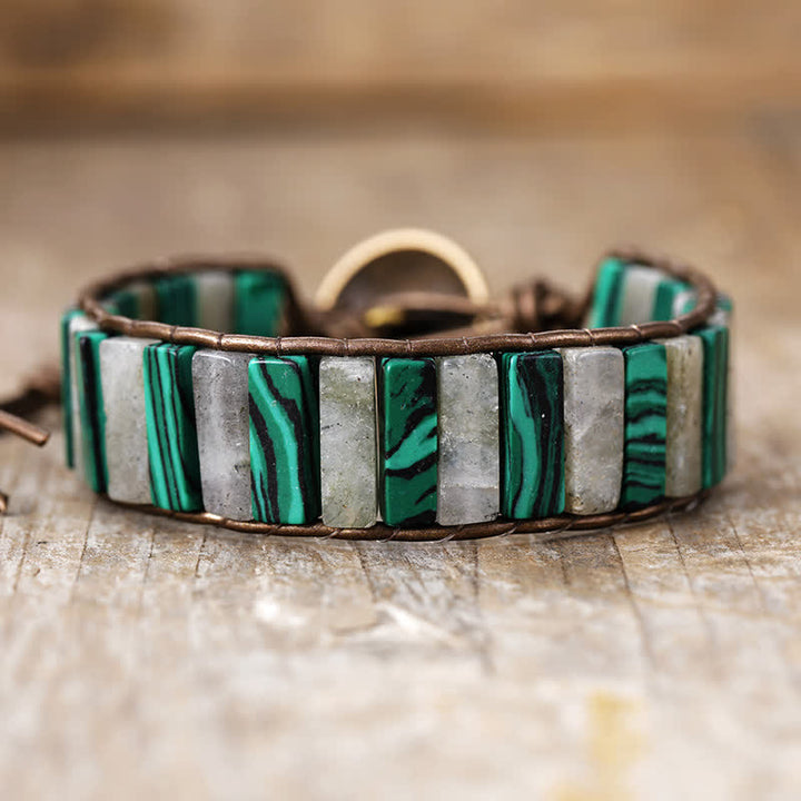 Pulsera envolvente con cuentas de piedra emperador de labradorita y malaquita de Olivenorma