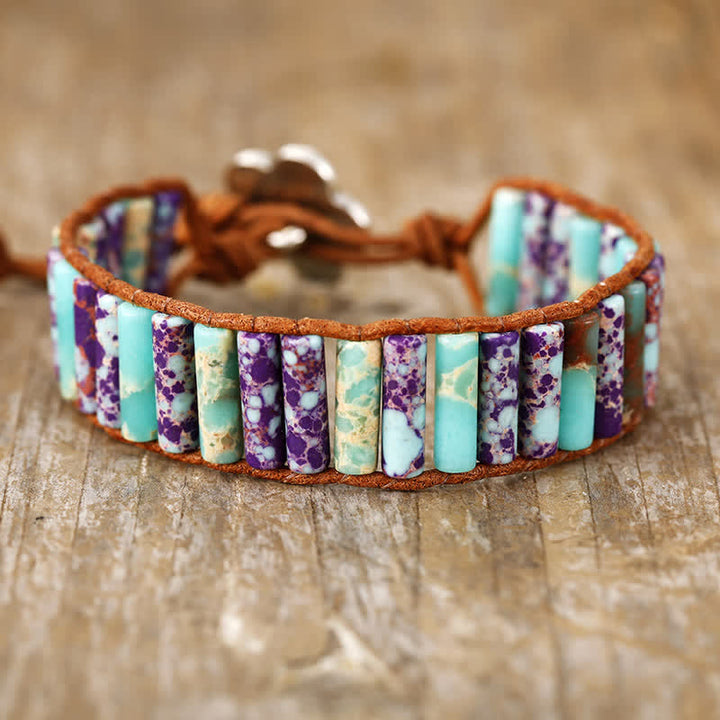 Pulsera envolvente con cuentas de piedra emperador de labradorita y malaquita de Olivenorma