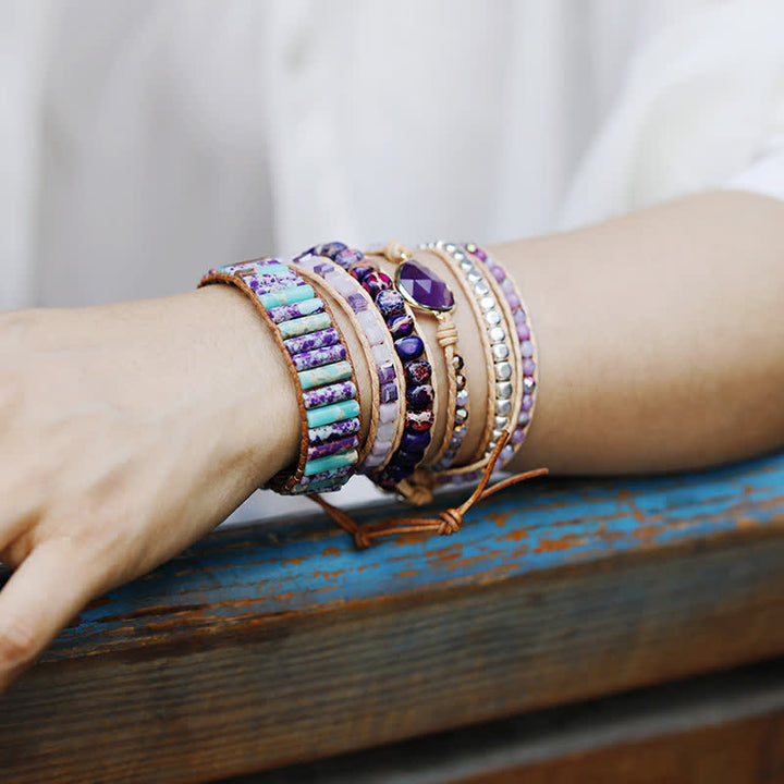 Pulsera envolvente con cuentas de piedra emperador de labradorita y malaquita de Olivenorma