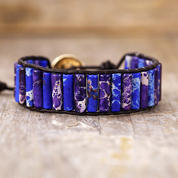 Pulsera envolvente con cuentas de piedra emperador de labradorita y malaquita de Olivenorma