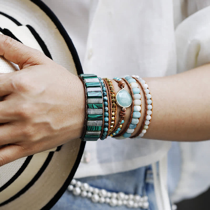 Pulsera envolvente con cuentas de piedra emperador de labradorita y malaquita de Olivenorma