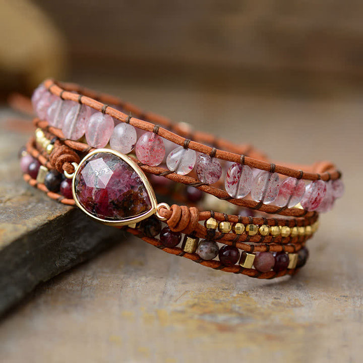 Pulsera envolvente de rodonita y cuarzo fresa natural de Olivenorma