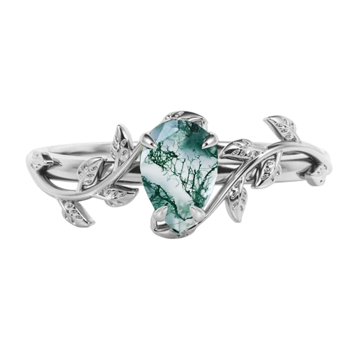 Anillo de compromiso con hojas retorcidas de ágata musgosa tallada en forma de pera de Olivenorma