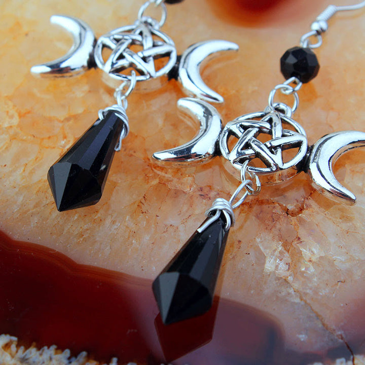 Pendientes de obsidiana con forma de diosa de la triple luna y bruja de Olivenorma