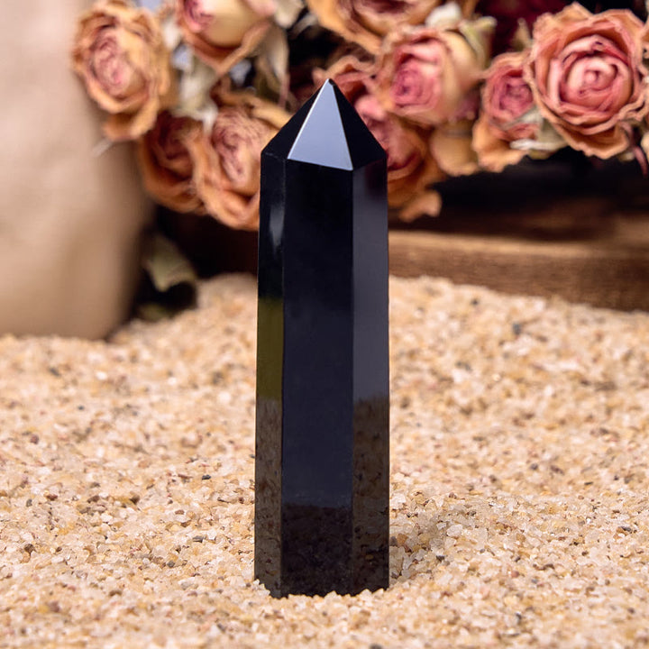 Varitas de cristal de torre de obelisco curativo de obsidiana negra genuina de Olivenorma
