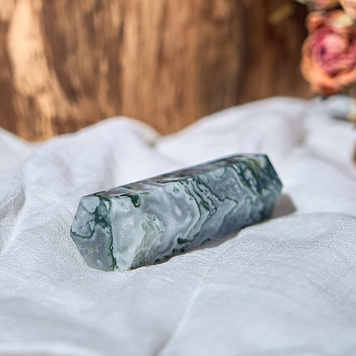Varitas de cristal Reiki de 4 columnas facetadas de ágata musgosa Olivenorma