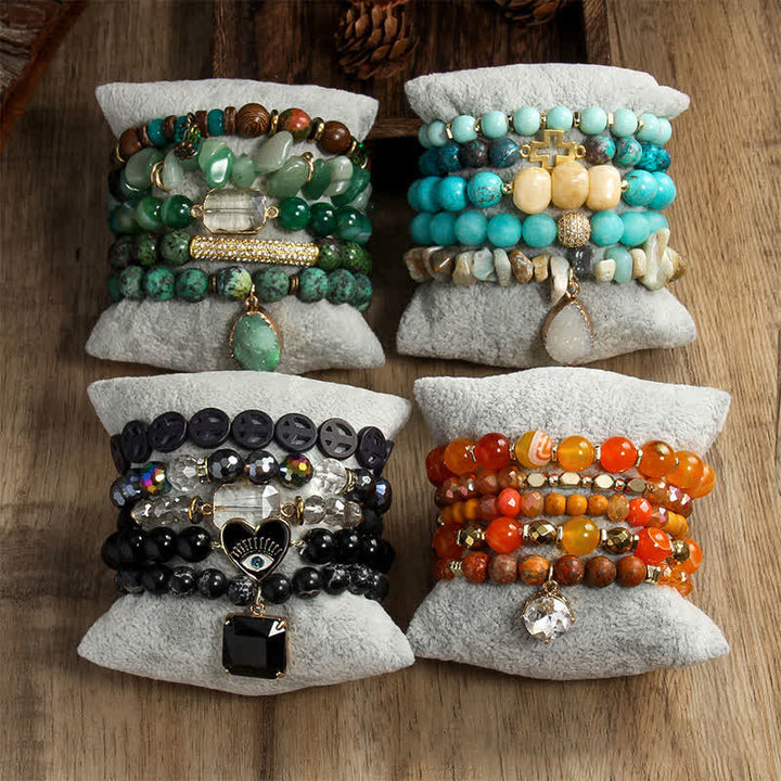 Juego de pulseras de cuentas de 5 capas con colgante de mal de ojo de Olivenorma 