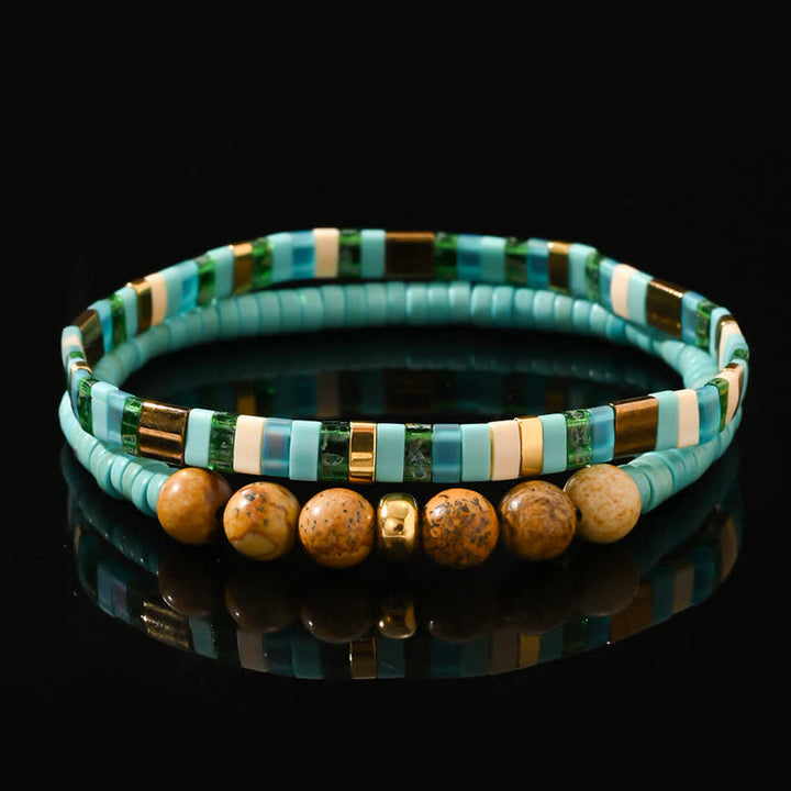 Pulsera de 2 piezas con cuentas de jaspe y amazonita natural de Olivenorma
