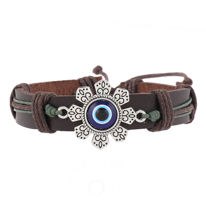 Juego de 6 pulseras de cuero turquesa con diseño de ojo malvado de Olivenorma