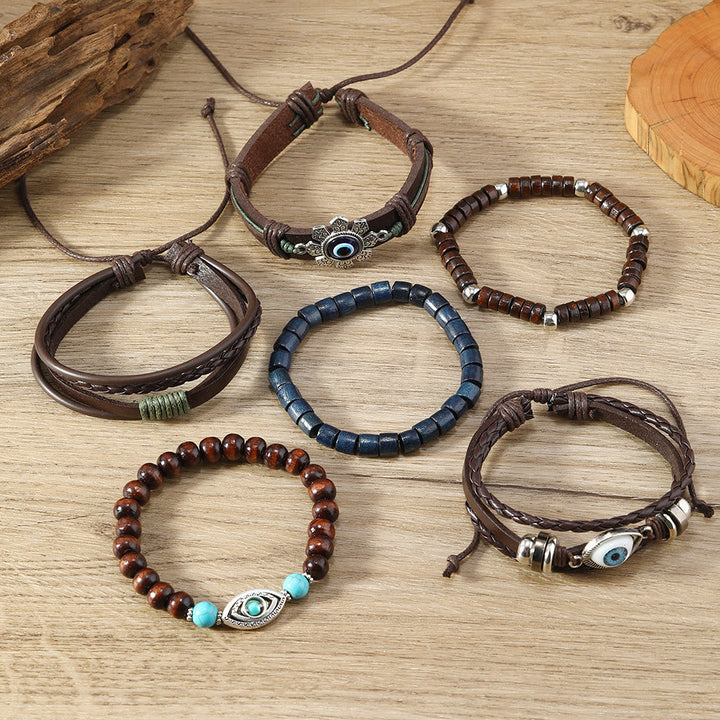 Juego de 6 pulseras de cuero turquesa con diseño de ojo malvado de Olivenorma