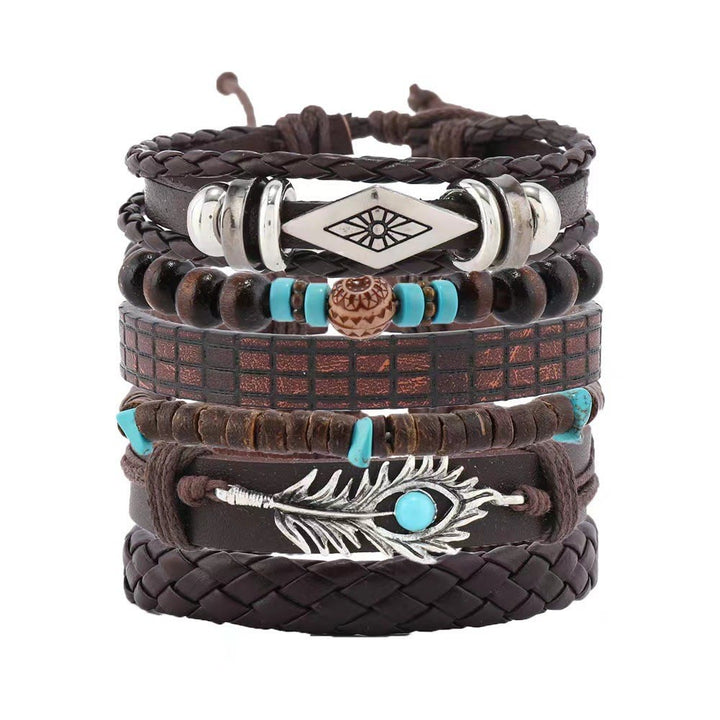 Juego de pulseras de cuero tejidas a mano con piedra natural y plumas de Olivenorma