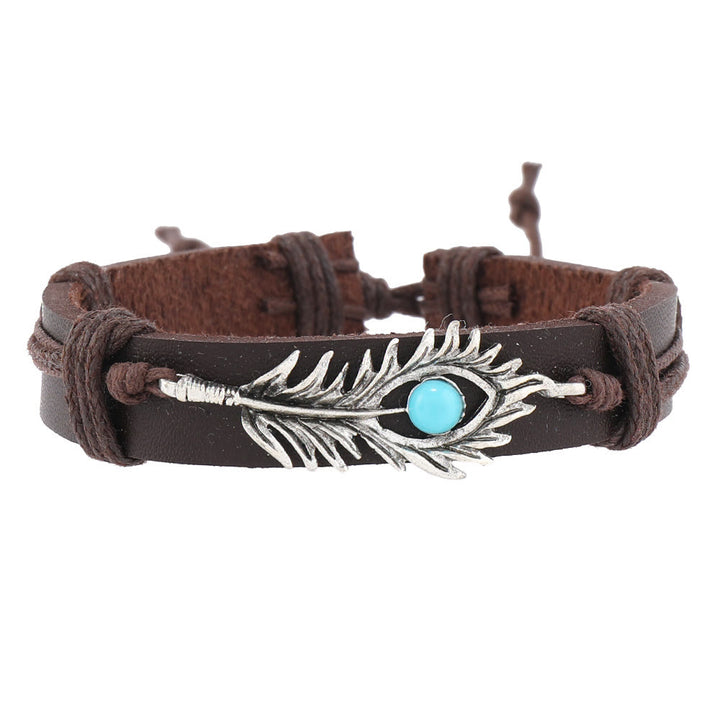Juego de pulseras de cuero tejidas a mano con piedra natural y plumas de Olivenorma